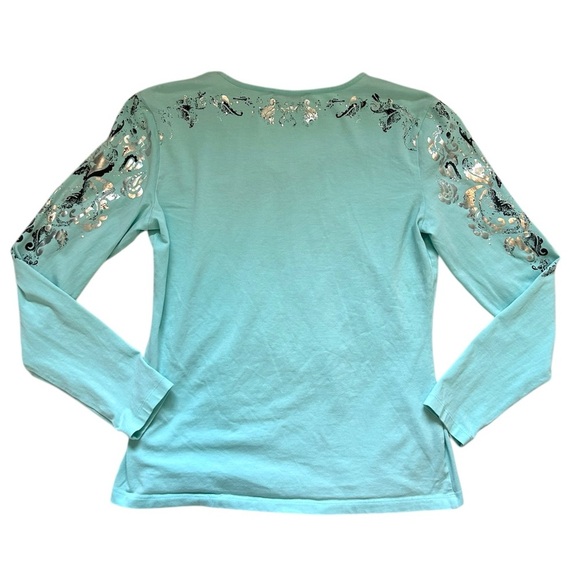 Peck & Peck Women's Medium Y2K Aqua Graphic Long Sleeve Top - Picture 5 of 8
